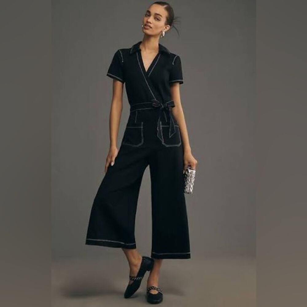 Maeve Wrapped Culotte Jumpsuit: Ponte Edition | Black | Size 6 | Anthropologie - Picture 2 of 16